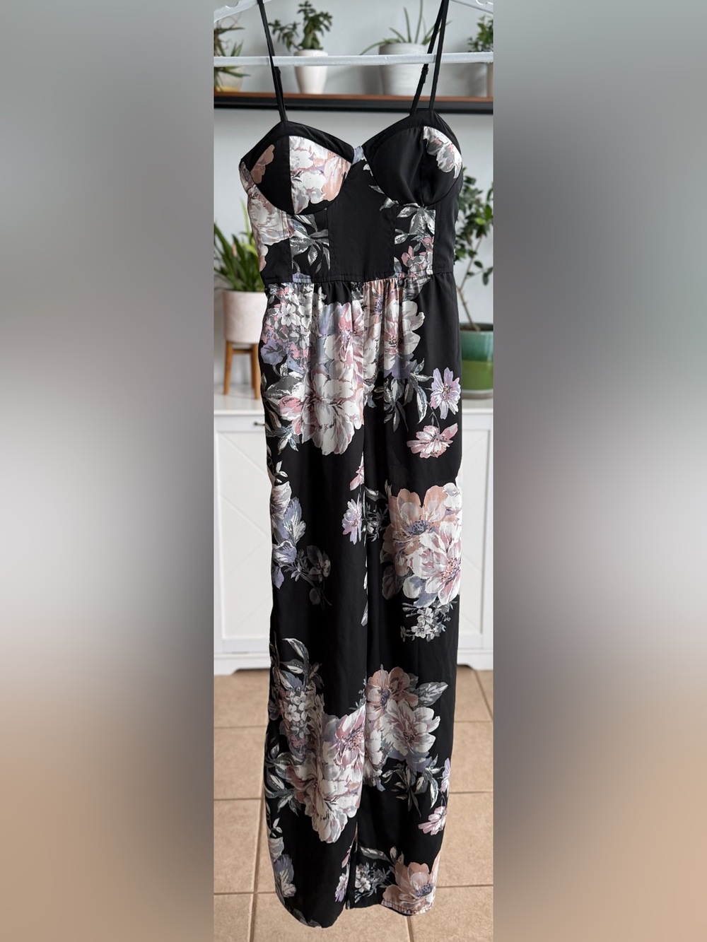Band of Gypsies Black Floral Wide-Leg Jumpsuit with Pink and Lavender Blooms